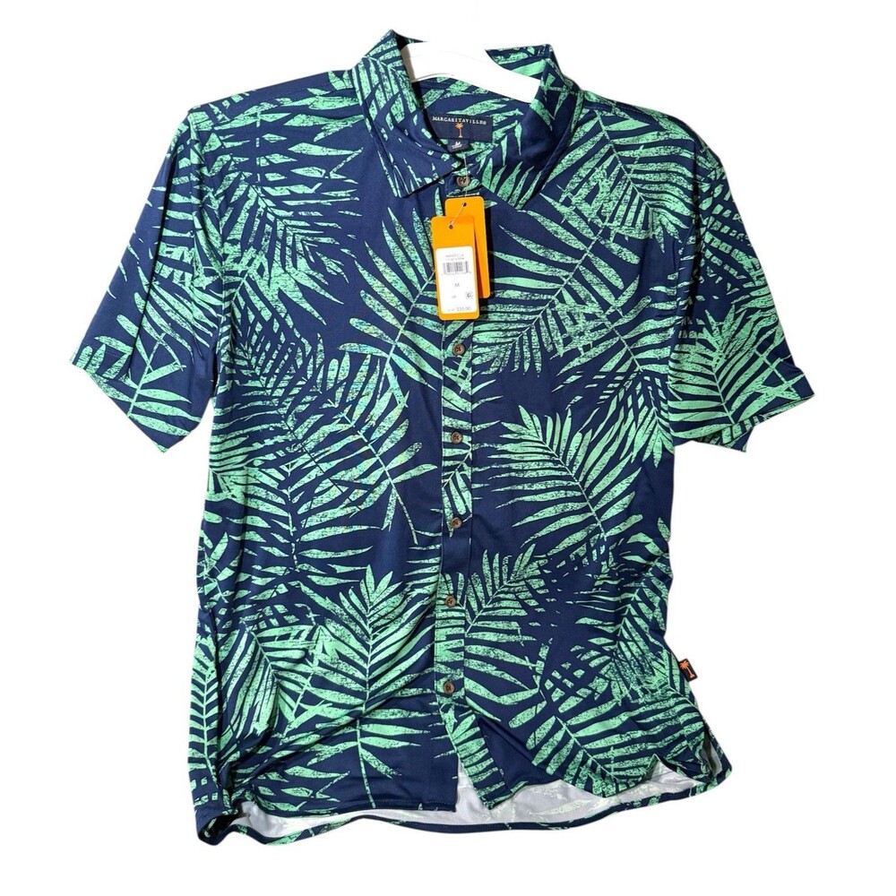Margaritaville Casual Button Down Collared Men's Shirt Insignia Blue Palm Sz M